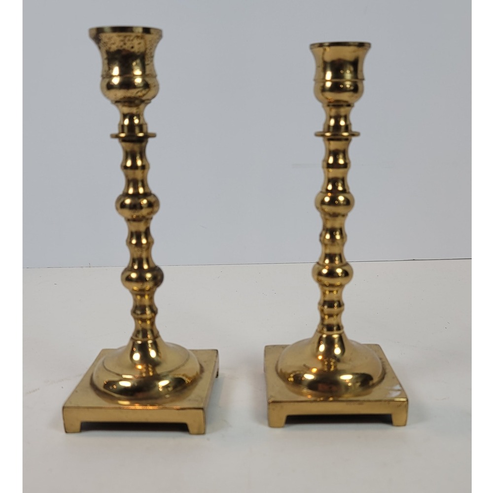 Vintage Solid Brass Candlestick Holders Pair Made in England Square Base 7.5in
